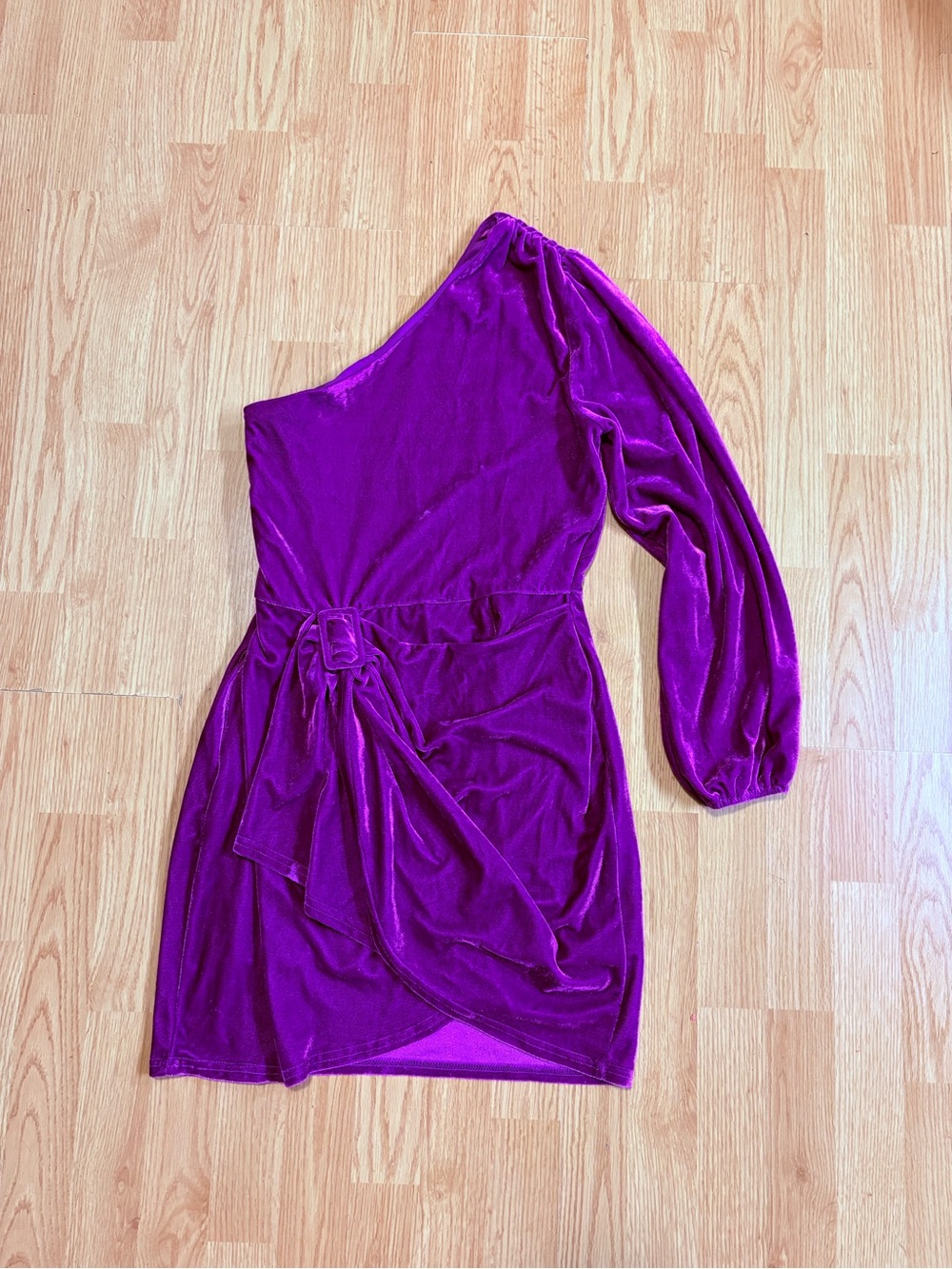 One-Shoulder Belted Velvet Mini Dress Fuchsia  Large